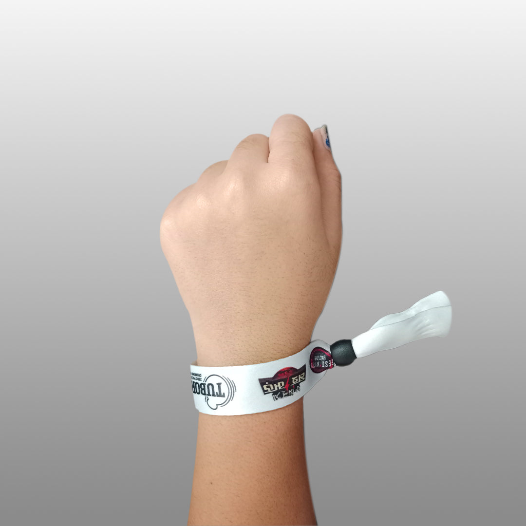 Custom Satin Fabric Wristbands with full color design for concerts and festivals.